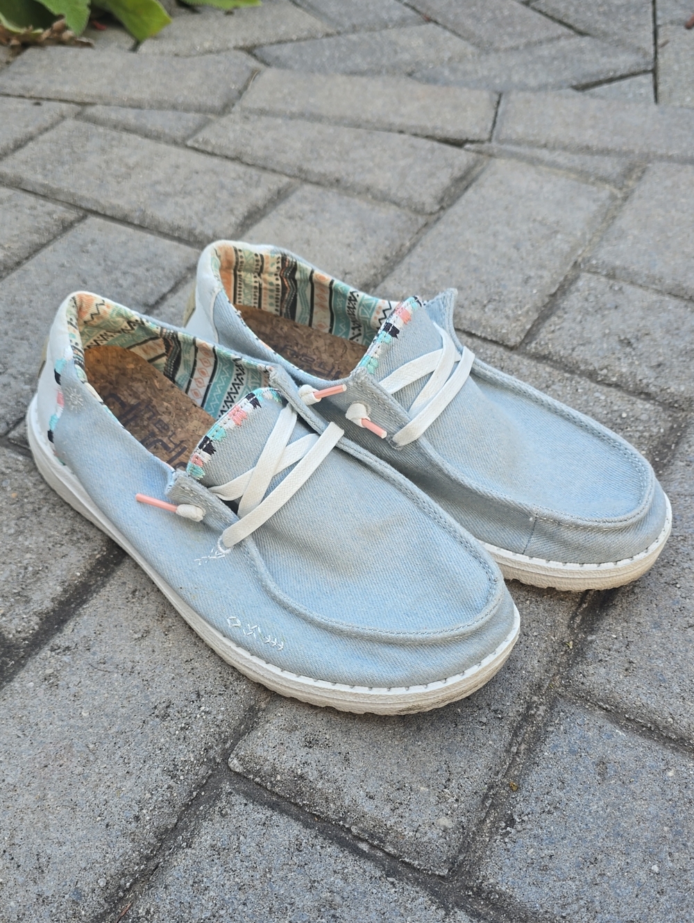 Size 7 Hey Dude Casual Light Blue Canvas Womens Slip-On Shoes